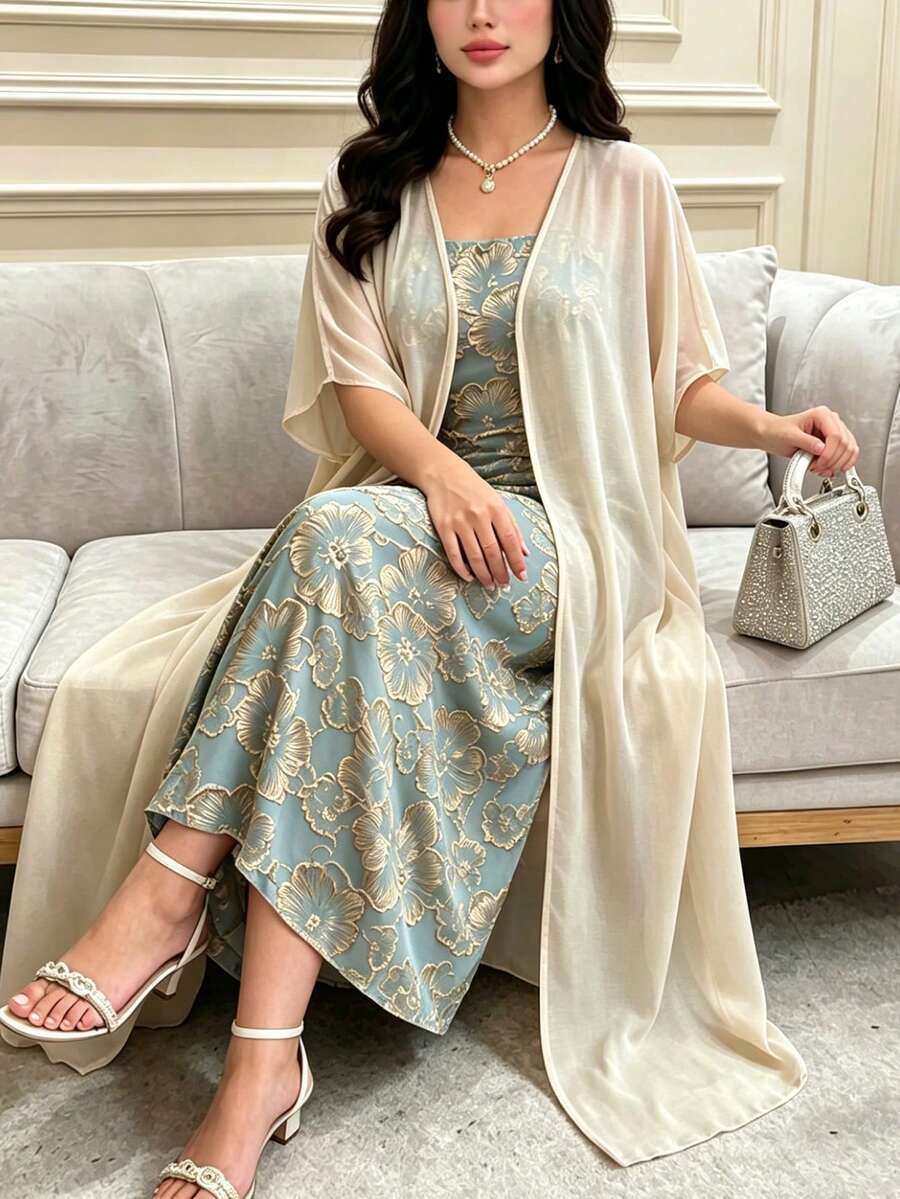 Modelyn Plus Size Women's Jacquard Tube Dress & Sheer Chiffon 3/4 Sleeve Fitted Elegant Long Thin Cardigan 2-Piece Set - Mint Green - View 1