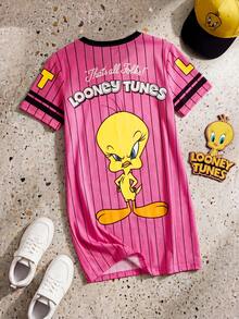 LOONEY TUNES X SHEIN GraphicGems 少女竖条纹撞色圆领设计，夏季前后卡通印花连衣裙 - 玫紅色 - 查看 2