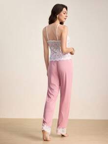 Hourtrue Women's Solid Color Lace Cami Top With Color Block Lace Patchwork Pants Pajama Set Pajamas Set For Womanfor Summer - Pink - View 2