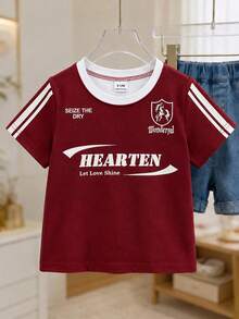 SHEIN Playful Pals 女婴经典英文图案圆领短袖T恤，婴幼儿服装，女童套头衫，女童T恤，幼儿上衣，适合春夏穿着，尺码6个月至3岁 - 紅色 - 查看 5