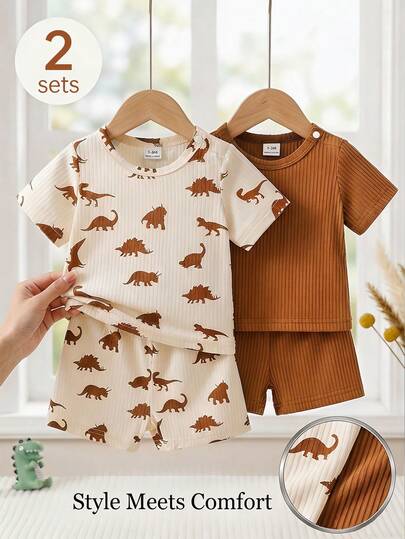 Bộ 4 món áo thun cổ tròn in hình khủng long dễ thương cho bé trai sơ sinh, kiểu dáng thường ngày, thoải mái, tay ngắn, thích hợp mặc vào mùa xuân/hè, đi chơi và dạo phố.