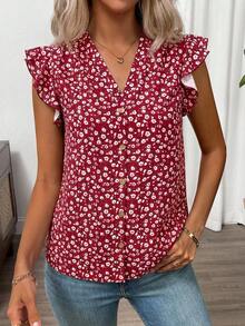 SHEIN Clasi Women's V-Neck All-Over Print Casual Versatile Daily Wear Shirt,Summer Top - Burgundy - View 5