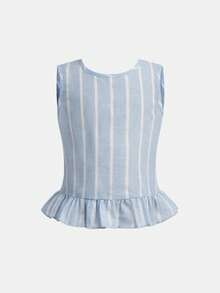 SHEIN Young Girl Casual Plaid Criss-Cross Top And Long Pants Set, Suitable For Daily Wear And Vacation - Blue - View 8