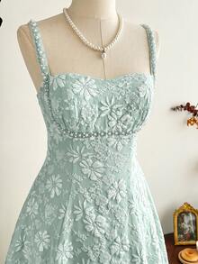 Vintamour Đầm nữ cổ điển thanh lịch, đầm jacquard ôm dáng mùa xuân/hè, đầm đính ngọc trai, đầm hai dây, đầm xòe, màu trắng sữa. - Màu xanh Bạc hà - Xem 1