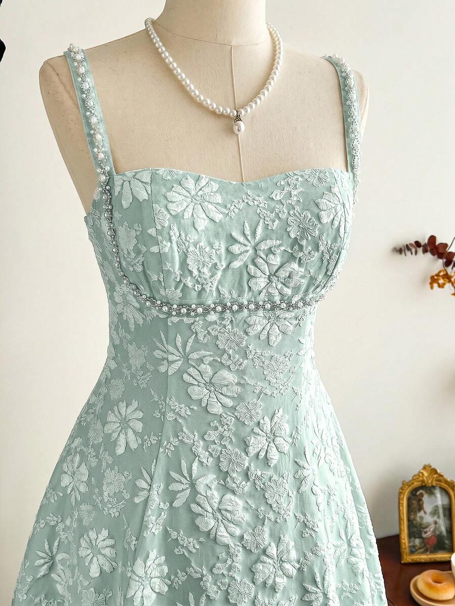Vintamour Đầm nữ cổ điển thanh lịch, đầm jacquard ôm dáng mùa xuân/hè, đầm đính ngọc trai, đầm hai dây, đầm xòe, màu trắng sữa. - Màu xanh Bạc hà - Xem 1