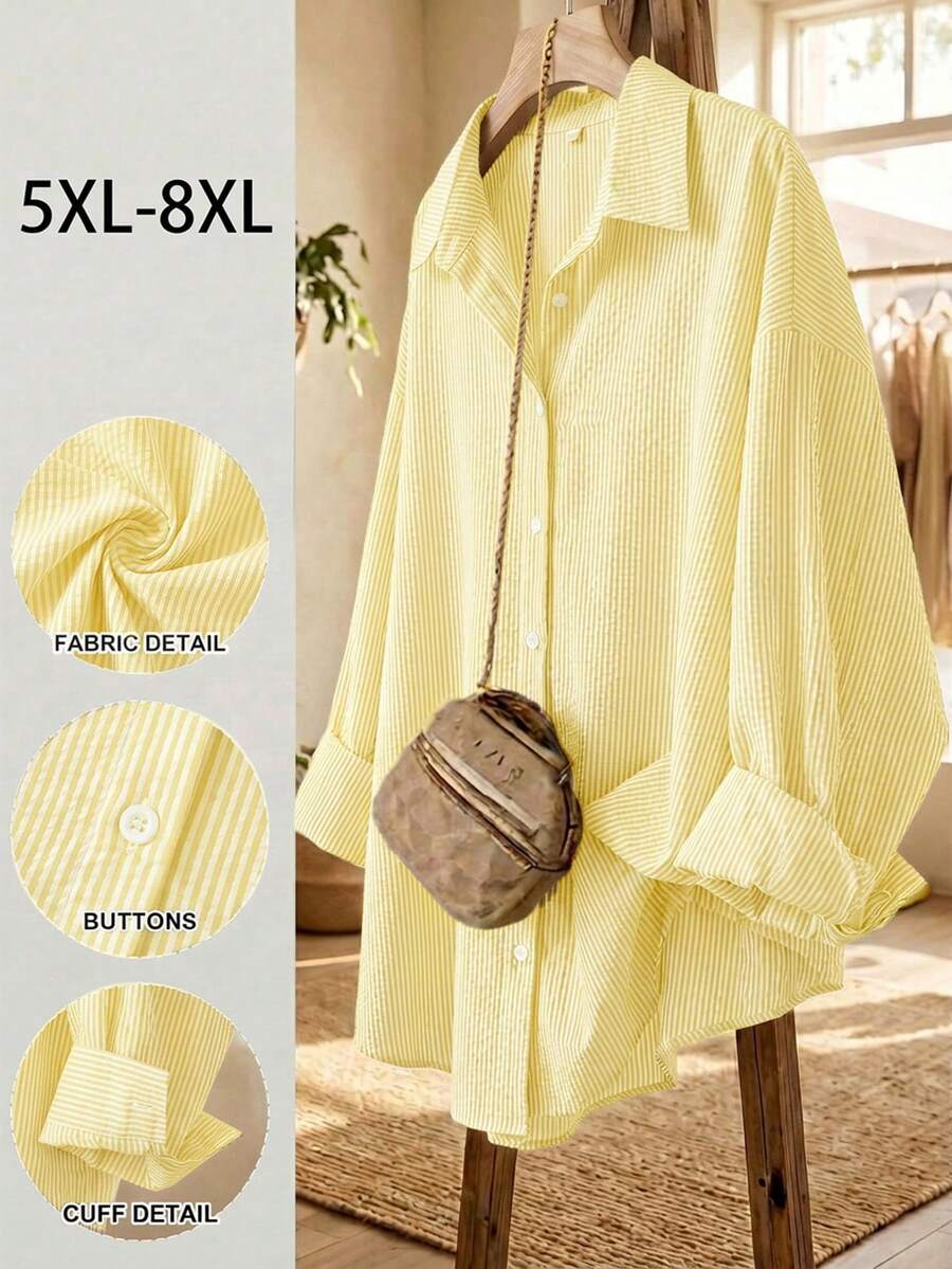 SHEIN CURVE+ Áo sơ mi dài tay cài cúc màu xanh dương xẻ tà sau, kiểu dáng thường ngày thoải mái, dễ mặc, cơ bản, đa năng, tôn dáng dành cho nữ, thích hợp mặc mùa xuân/hè, trang phục mùa xuân, áo kiểu nữ, kiểu dáng đơn giản, áo công sở, áo kẻ sọc. - Màu vàng - Xem 1