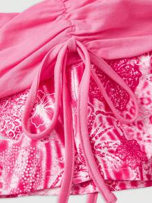 ROMWE J-Fashion Pantalones cortos de mujer con estampado de leopardo de hibisco rosa, cintura baja, cordón, estilo Y2K para vacaciones en la playa - Rosa Fucsia - Ver 3
