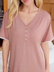 Doze Lane V-Neck Half-Zip Contrast Color Block Women's Casual Dress - Dusty Pink - View 3