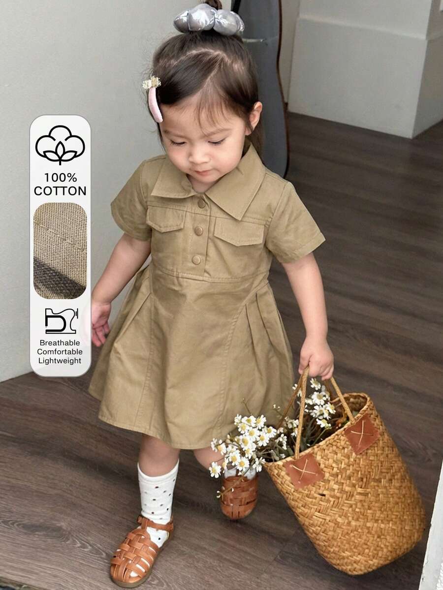 Dazy Kids 女嬰休閒可愛無袖中長洋裝,夏季女童太陽裙 - 卡其色 - 查看 1