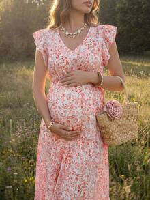 SHEIN Maternity Floral Print V-Neck Cap Sleeve Elegant Maternity Dress For Vacation Photoshoot Summer - Red - View 1