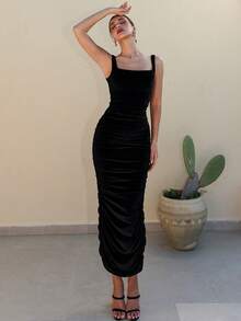 Bris Aura Women's Black Elegant Velvet Ruched Bodycon Dress, Suitable For Parties, Birthdays Party - Black - View 4