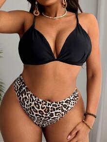 SHEIN Swim Curve Summer 2pcs/Set Plus Size Women's Leopard Print & Solid Color High Waist Bikini Shorts Thong Bikini - Multicolor - View 3