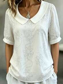 Nubod Blusa holgada de cuello redondo informal de talla grande, de tela con estampado floral 3D, adecuada para uso diario, ir al trabajo y vacaciones - Blanco - Ver 4