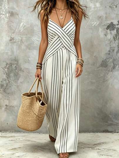 SHEIN Holidaya New European And American Style Fashionable Halter-Neck Sleeveless Striped Waist-Cinching Sexy Jumpsuit For Women, Perfect For Spring And Summer. Also Suitable For Spring, Summer, Vacation, Outings, Y2K, Back-To-School Season, Casual, Beach, Business, Versatile, And Sexy. Also Available: Women's Apricot Jumpsuit And Women's Striped Jumpsuit.
