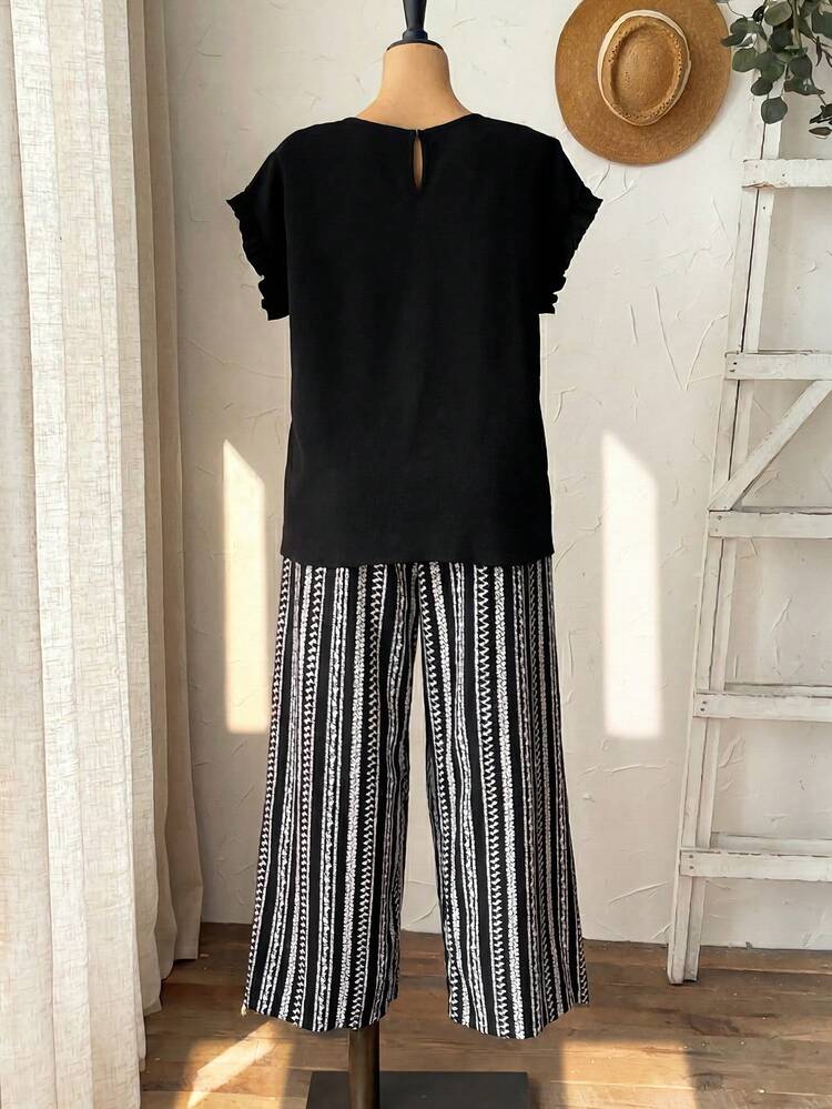 Plus Size Women's Shoulder Petal Sleeve Shirt With Ruffle Hem And Elastic Waist Pants Set, Black, Bohemian Casual Suitable For Spring And Summer Summer Summer Outfit For Women Festival Outfits For Women Beach Outfits For Women Vacation Outfits Women Holiday Outfits  For Women Country Concert Outfit  Casual Sets For Women