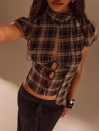 Opulessa Spring/Summer Vacation Woven Plaid Short Sleeve Blouse For Women