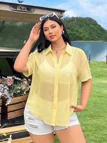 SHEIN EZwear 大码女式透视短袖上衣 - 黃色 - 查看 4