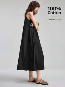 Ontre Đầm midi không tay, màu trơn, xếp ly, có túi, dành cho nữ, kiểu dáng thường ngày. - màu đen - Xem 5
