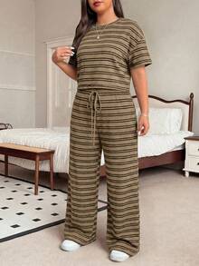 SHEIN EZwear 大码夏季条纹T恤和裤子休闲两件套 - 軍綠色 - 查看 5