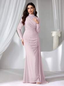 Coutiva 女士立领仿珍珠长款晚礼服 - 淺粉色 - 查看 7