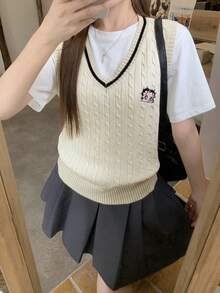 DAZY Áo vest len nữ cổ chữ V thêu họa tiết cáp phối màu tương phản, kiểu dáng thường ngày. - Màu be - Xem 1