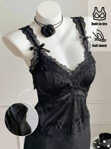 Comfortcana 女士优雅黑色蕾丝拼接蝴蝶结装饰吊带背心，夏季服装，缎面蕾丝拼接，内置衬垫胸罩 - 黑色 - 查看 3