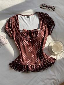 Comfortcana Áo kiểu nữ tay ngắn xếp ly họa tiết chấm bi dễ thương, ôm dáng, thích hợp cho mùa hè. - Nhiều màu - Xem 4