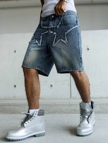 Manfinity EMRG Short en jean délavé avec motif étoile déchiré, style décontracté à la mode pour la rue et les déplacements quotidiens. Été. - Bleu marine - Voir 3