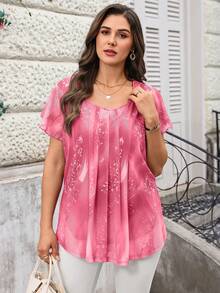 EMERY ROSE Plus Size Women Summer Pink Floral Print Elegant Tea Party Brunch Tunic Blouse,Round Neck Ruffle Trim Short Sleeve Casual Loose Fit Vacation Shirt - Hot Pink - View 6
