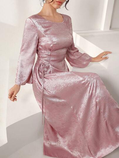 SHEIN Najma Women's Arabic Style Dress With Round Neck, Oversized Sleeves, And Waist Tie