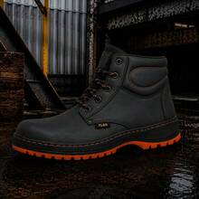 Genuine Leather Pleg Working Boot With Steel Helmet - Negro con Naranja - View 5