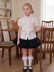 DAZY Young Girl Plain Short Petal Sleeve Single-Breasted Casual Shirt - White - View 5