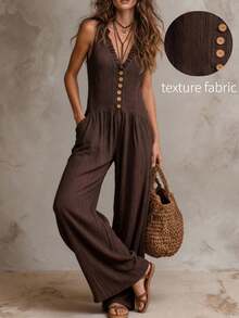 Solivie Bộ áo liền quần không tay màu nâu đậm dành cho nữ, thiết kế cài nút, có túi, kiểu dáng retro boho mùa hè, chất liệu co giãn, có họa tiết bèo nhún, kiểu dáng thoải mái và đa năng với phần eo được thắt lại. Áo liền quần cho nữ, quần dài, trang phục đi biển lịch sự cho nữ, trang phục đi nghỉ mát, áo liền quần cho nữ, quần áo cho nữ dáng nhỏ nhắn, áo liền quần cho kỳ nghỉ. - Cà phê nâu - Xem 8