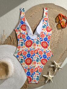 Swim Lushoire Áo tắm liền thân cổ chữ V khoét sâu họa tiết retro mới về, kiểu dáng trưởng thành, mùa xuân/hè. - Nhiều màu - Xem 2