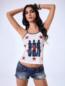 Y2Kool Colorblock Star Print Graphic Tank Top, Streetwear Y2k Punk Casual Street Style Women, Spring/Summer Parties Night Out, Navy And White - Multicolor - View 3