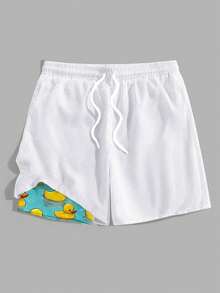 VIVINTIMO Quần short đi biển xếp ly in hình hoạt hình dành cho nam, lót lụa sữa. - trắng - Xem 2