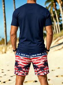 Manfinity RSRT Bộ đồ nam gồm áo thun cổ tròn tay ngắn in hình cây cọ và quần short cạp chun có dây rút, kiểu dáng thường ngày. - Nhiều màu - Xem 2