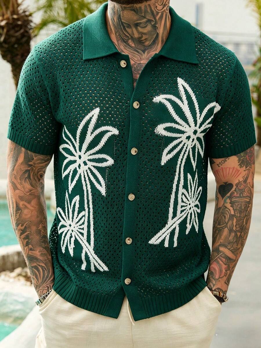 VENTUSAIL Men's Palm Tree Pattern Hollow Out Knit Short Sleeve Top, Holiday - Dark Green - View 1