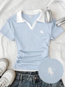 SHEIN Áo croptop dệt kim cổ bẻ màu xanh dương và trắng, kiểu dáng thường ngày, ôm sát, có thêu logo nhỏ, dành cho bé gái tuổi teen. - Xanh và trắng - Xem 1