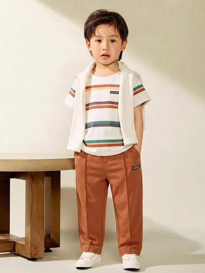 SHEIN Bộ quần áo 2 món cho bé trai, áo ngắn tay và quần dài, dễ phối đồ, thích hợp cho dã ngoại, đi học, tụ họp hàng ngày, mùa xuân/hè.