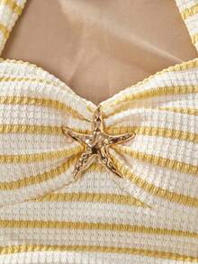 Sparklyn Regata Decote Halter com Estrela-do-mar | Top Curta Franzida Ajustada com Laço Removível Adequada para Meninas Pré-Adolescentes Silhueta Curta, Decoração de Estrela-do-mar Fresca e Limpa | Elementos Doces de Estilo Marinho, Adicionando uma Sensação Requintada Decote Halter + Laço Removível | Estilo Flexível, Estilo de Uso Ajustável Tecido Franzido Ajustado | Conforme o Ajuste Justo Sem Aperto, Confortável e da Moda - Amarelo - Visão 4