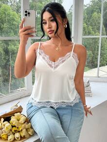SHEIN EZwear Plus Size Women Lace Patchwork Casual Versatile Daily Wear Camisole Top - Apricot - View 3