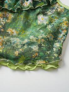 SHEIN 儿童少女复古绿色油画植物印花网纱两件套，美人鱼裙套装 – 非常适合度假、野餐、派对和节日活动。绿色两件套，少女绿色夏季套装，印花裙套装，度假绿色套装，夏季服装。 - 綠色 - 查看 7