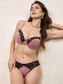 Hourtrue Contrast Lace Bra & Panty Lingerie Setfor Summerfor Summer - Pink - View 11