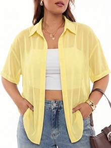 SHEIN EZwear 大码女式透视短袖上衣 - 黃色 - 查看 9