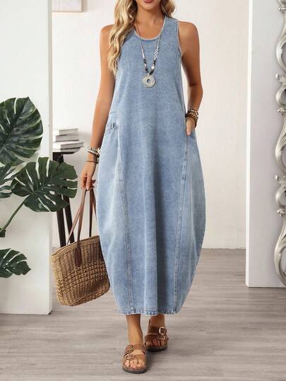 EMERY ROSE Plus Size Sleeveless Casual Denim Dress