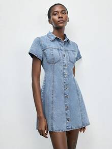 Maija 女士街头时尚收腰短袖牛仔连衣裙 - 淺色水洗藍 - 查看 6
