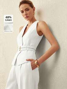 MOTF PREMIUM LINEN DOUBLE WAIST BELT HALTER BLAZER VEST, SPRING/SUMMER - White - View 5