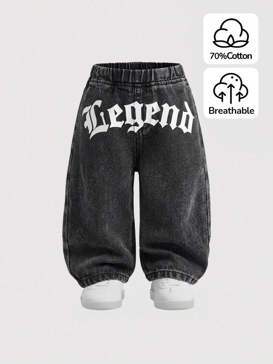 SHEIN Quần jean denim dáng rộng, họa tiết rằn ri bạc màu, túi hộp, phong cách đường phố cho bé trai, thích hợp cho mùa thu/đông. - màu đen - Xem 1