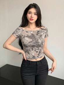 Camiseta de manga larga ajustada con hombro asimétrico y plisado asimétrico para mujer - Multicolor 3 - Ver 6